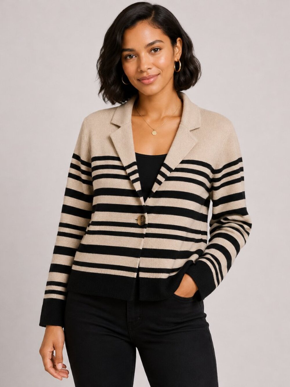 Ann Taylor Loft Black Khaki Striped Wool Blend Casual Cardigan Large